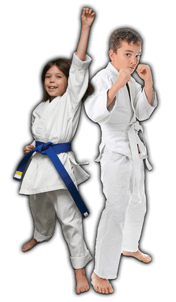 Martial Arts Lessons for Kids in Woburn MA - Happy Blue Belt Girl and Focused Boy Banner